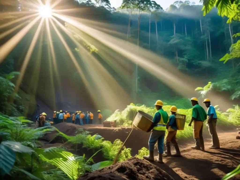 Promoción ética en minería sostenible en un bosque exuberante con mineros dedicados