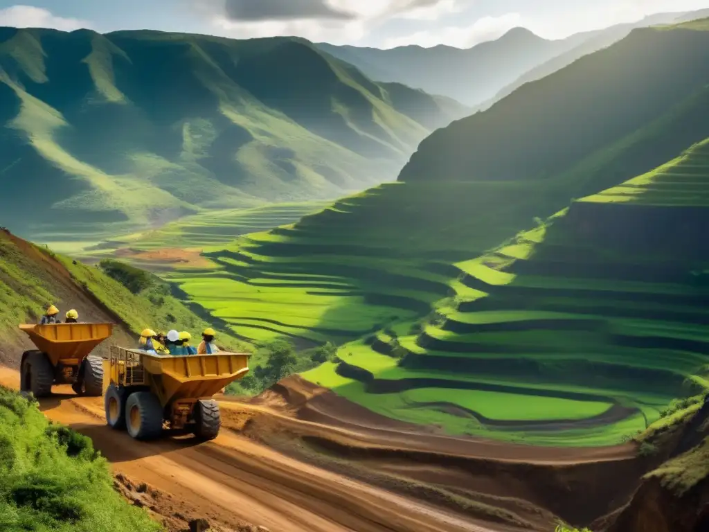 Desafíos de la minería sostenible en un paisaje montañoso, con mineros trabajando en equipo y tecnología avanzada