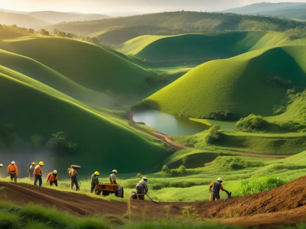 Mineros éticos extraen minerales en paisaje verde Importancia ética minería sostenible: paisaje verde con mineros en acción