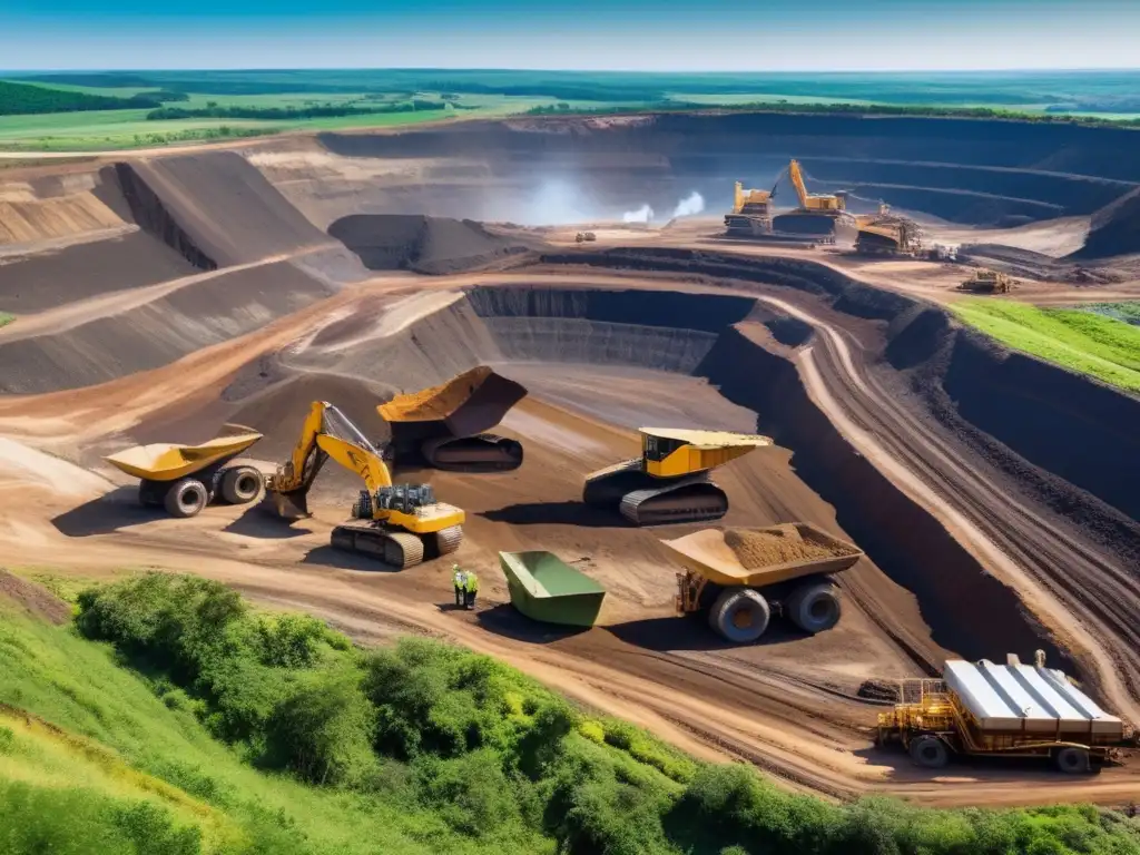 Importancia estándares éticos minería: Paisaje minero con maquinaria, trabajadores y cielo azul