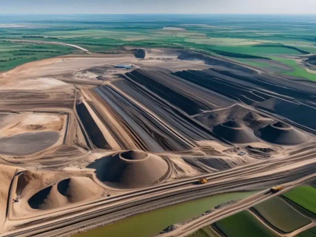 Vista aérea detallada de una mina en Francia, muestra maquinaria e infraestructura utilizada en la extracción de recursos naturales