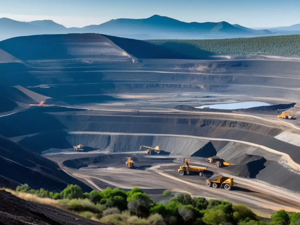 Impacto ambiental de la minería a gran escala: Mina abierta, maquinaria masiva, devastación y contaminación