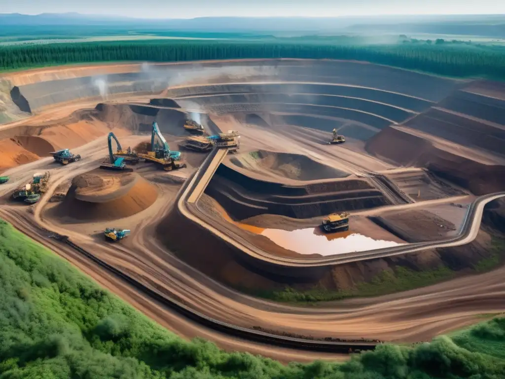 Impacto ambiental de la minería: maquinaria en acción, paisaje contrastante y comunidad cercana