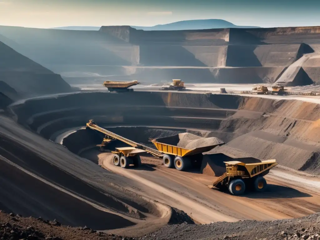 Impacto de la minería en los derechos humanos: mina a cielo abierto, maquinaria masiva, paisaje devastado, contraste entre naturaleza y industria