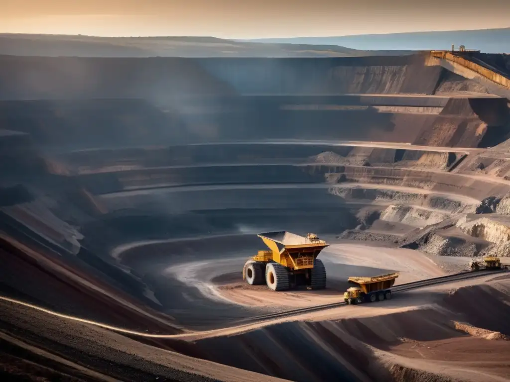 Impacto ambiental de la minería sostenible: Mina abierta en paisaje natural, maquinaria y bosques en contraste