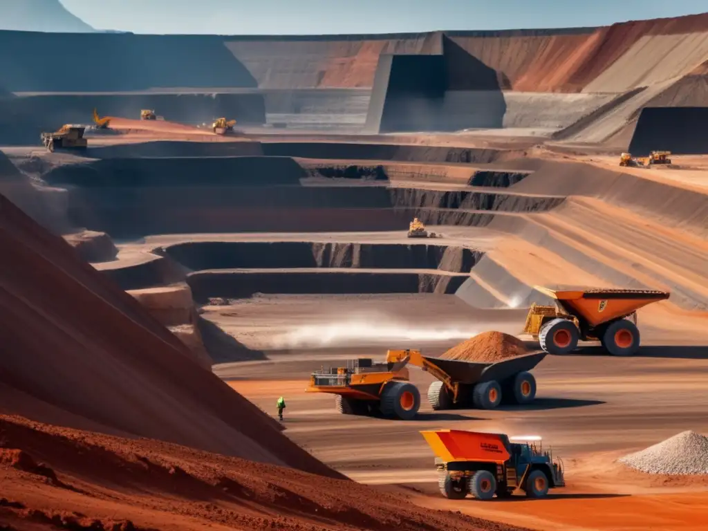 Impacto social de acuerdos mineros: Mina a cielo abierto en América, maquinaria pesada, impacto ambiental y trabajadores en equipo