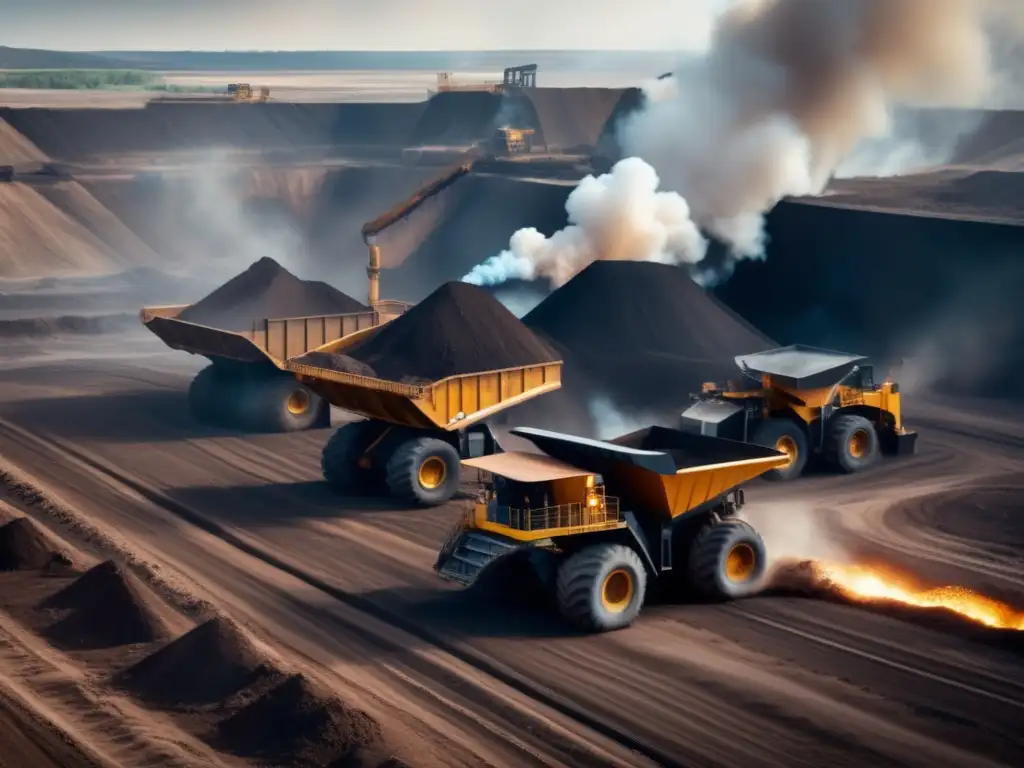 Impacto ambiental de la minería: paisaje minero devastado, maquinaria extractiva emitiendo humo contaminante, deforestación y río contaminado