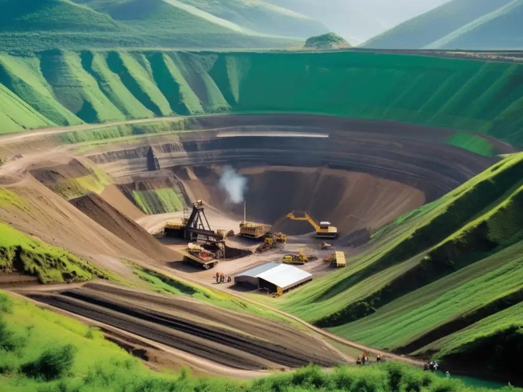 Iniciativas globales minería sostenible: Mina abierta rodeada de montañas verdes con maquinaria y trabajadores, impacto ambiental