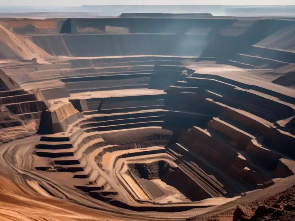 Impacto ambiental de la minería: gigantesca mina a cielo abierto, maquinaria pesada y contraste con la naturaleza