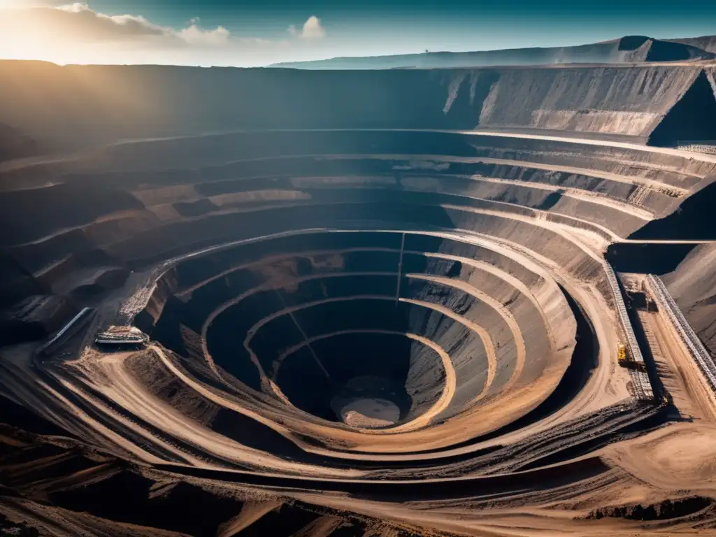 Problemas ambientales en la minería: Impactante imagen de una inmensa mina a cielo abierto, con maquinaria y tonos terrosos