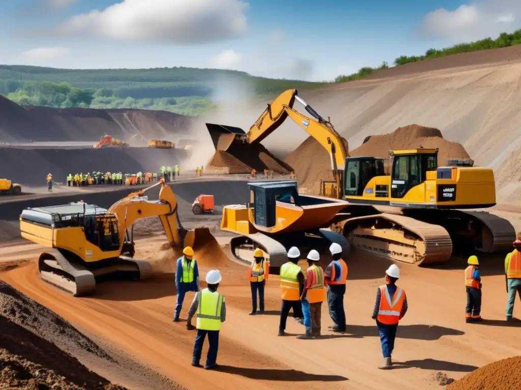 Desafíos de la inclusión en minería: Imagen realista de una mina con trabajadores diversos, maquinaria y paisaje montañoso