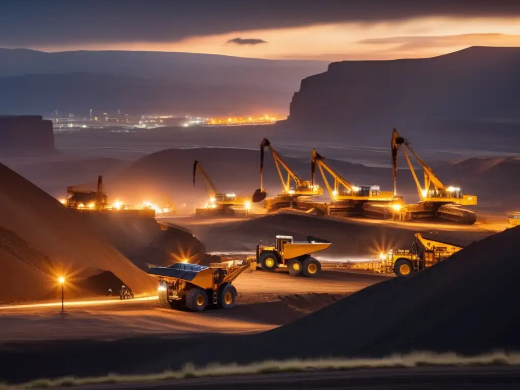 Estrategias financieras sostenibles en minería: Imagen cautivadora de una mina activa al anochecer, resaltando la importancia y complejidad de la industria