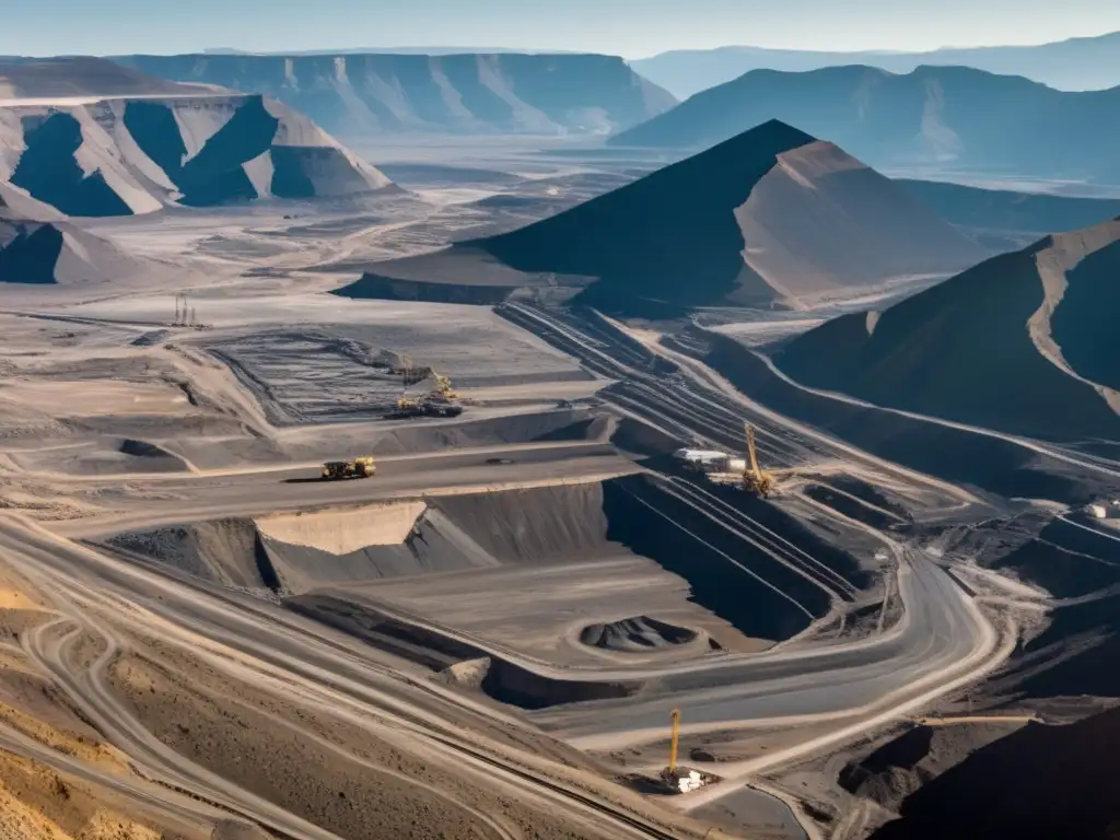 Impacto político en la minería: mina a cielo abierto, maquinaria, camiones, cranes y cintas transportadoras en paisaje montañoso