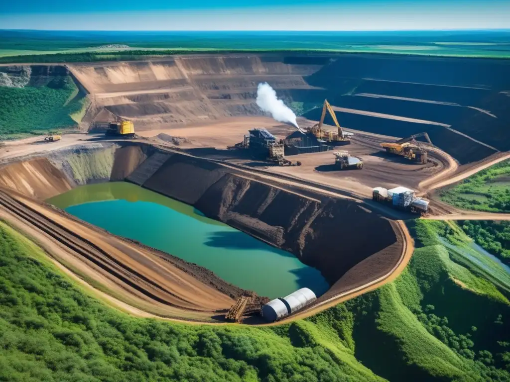 Impacto ambiental de la minería en una mina a cielo abierto rodeada de bosques verdes y cielos azules