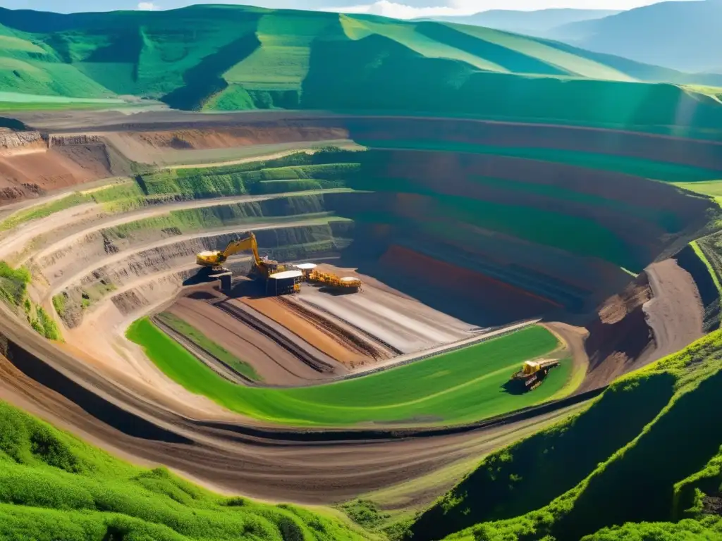 Mina a cielo abierto rodeada de montañas verdes muestra contraste entre minería e ambiente