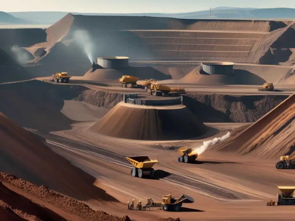 Impacto ambiental de la minería industrial: escena detallada de una mina a cielo abierto rodeada de montañas, trabajadores, maquinaria y contaminación