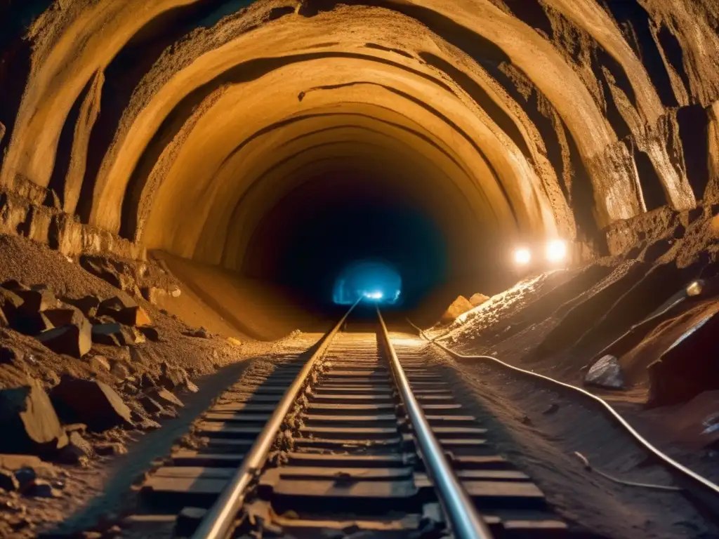 Minería sostenible en la Revolución Industrial: túnel minero oscuro y trabajadores con herramientas y maquinaria