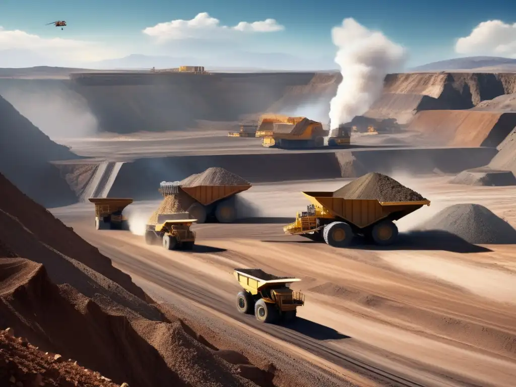 Tendencias futuras en tratados mineros: Imagen de una mina a cielo abierto rodeada de montañas, con camiones y maquinaria pesada en plena actividad