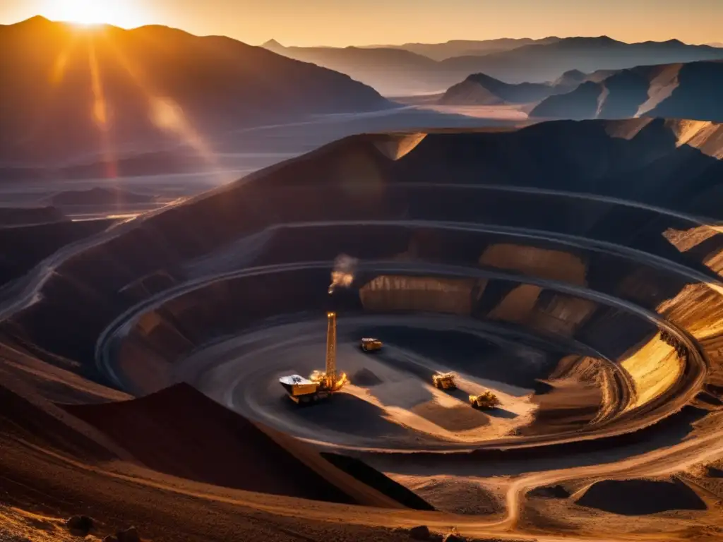 Técnicas sostenibles para exploración minera en una impresionante imagen minera con maquinaria y paisaje montañoso iluminado por el sol