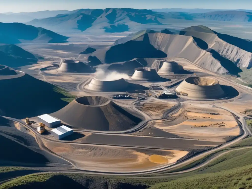 Vista aérea impresionante de una mina moderna rodeada de montañas, con maquinaria y vehículos mineros