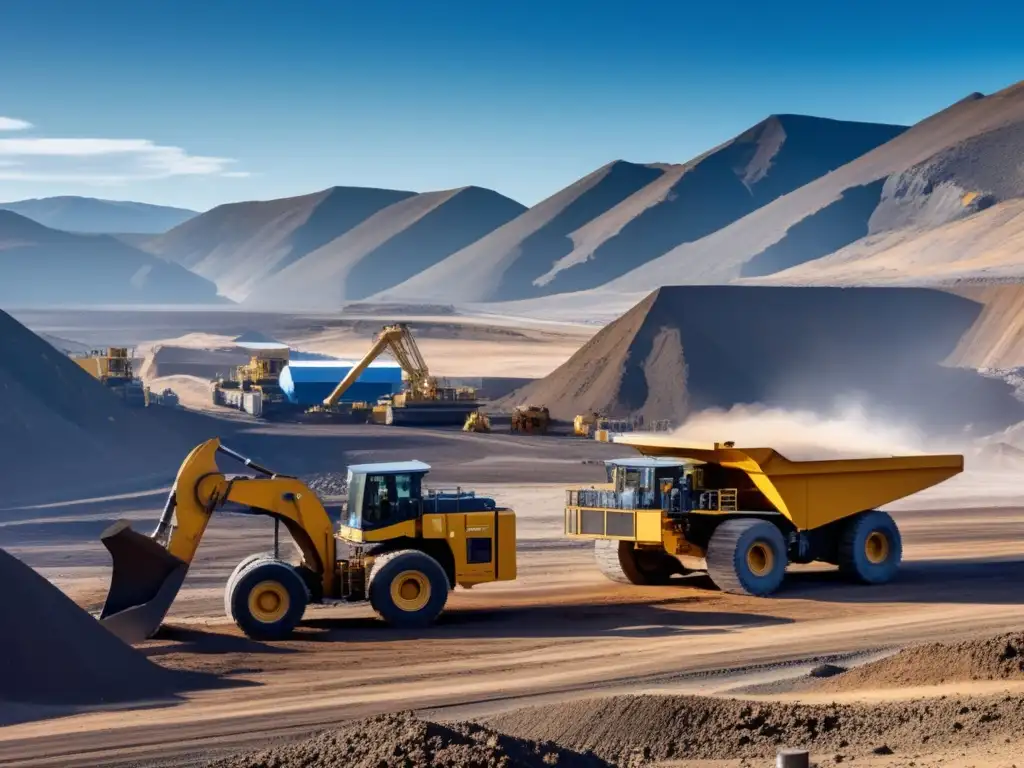 Imagen de una mina moderna y sostenible con maquinaria avanzada y equipo tecnológico, destacando las técnicas sostenibles de minería