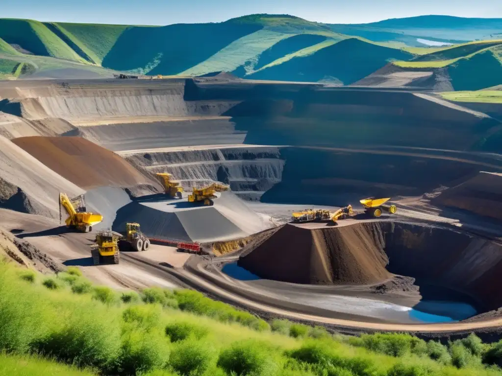 Mina a cielo abierto con maquinaria y trabajadores extrayendo minerales, destacando la sostenibilidad tecnológica