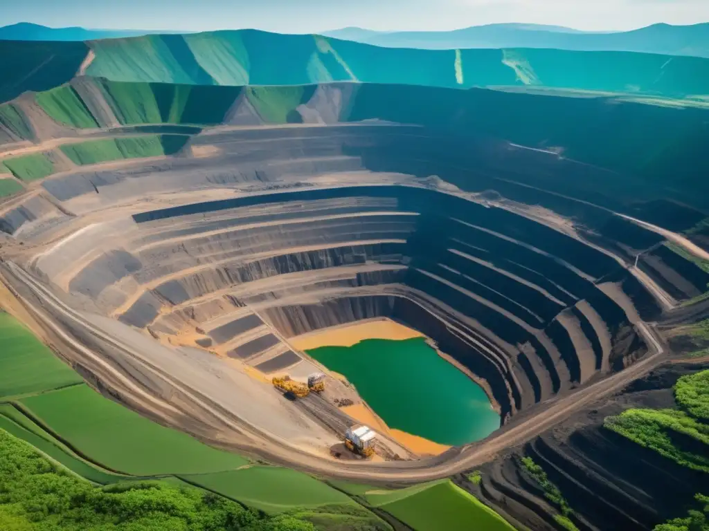 Impacto de la minería en el cambio climático: vista aérea impresionante de una mina a cielo abierto, con maquinaria pesada y paisaje montañoso