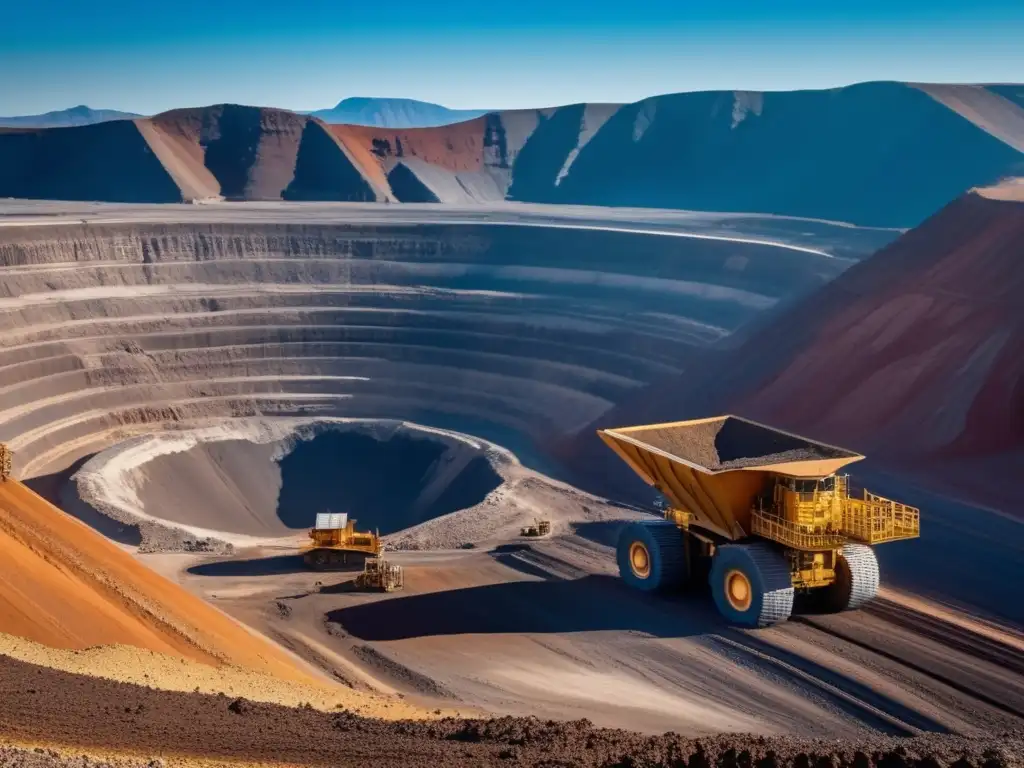 Técnicas sostenibles en minería: majestuosa mina a cielo abierto rodeada de montañas y rocas vibrantes en contraste con el cielo azul