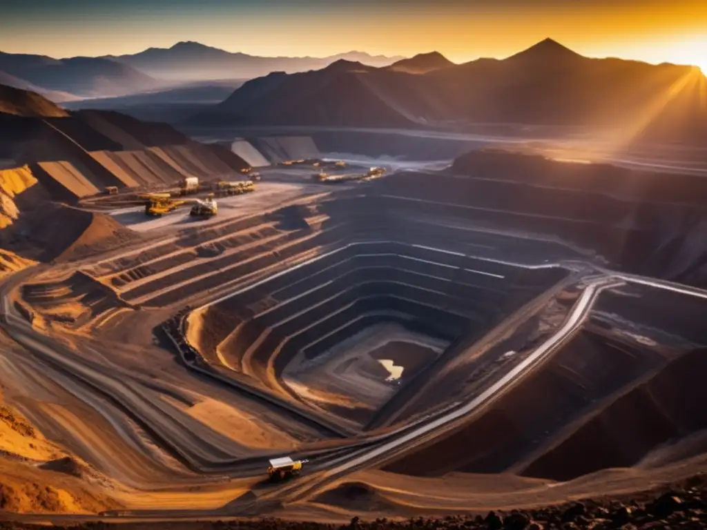 Técnicas sostenibles en minería: mina a cielo abierto rodeada de montañas y maquinaria extractiva trabajando diligentemente