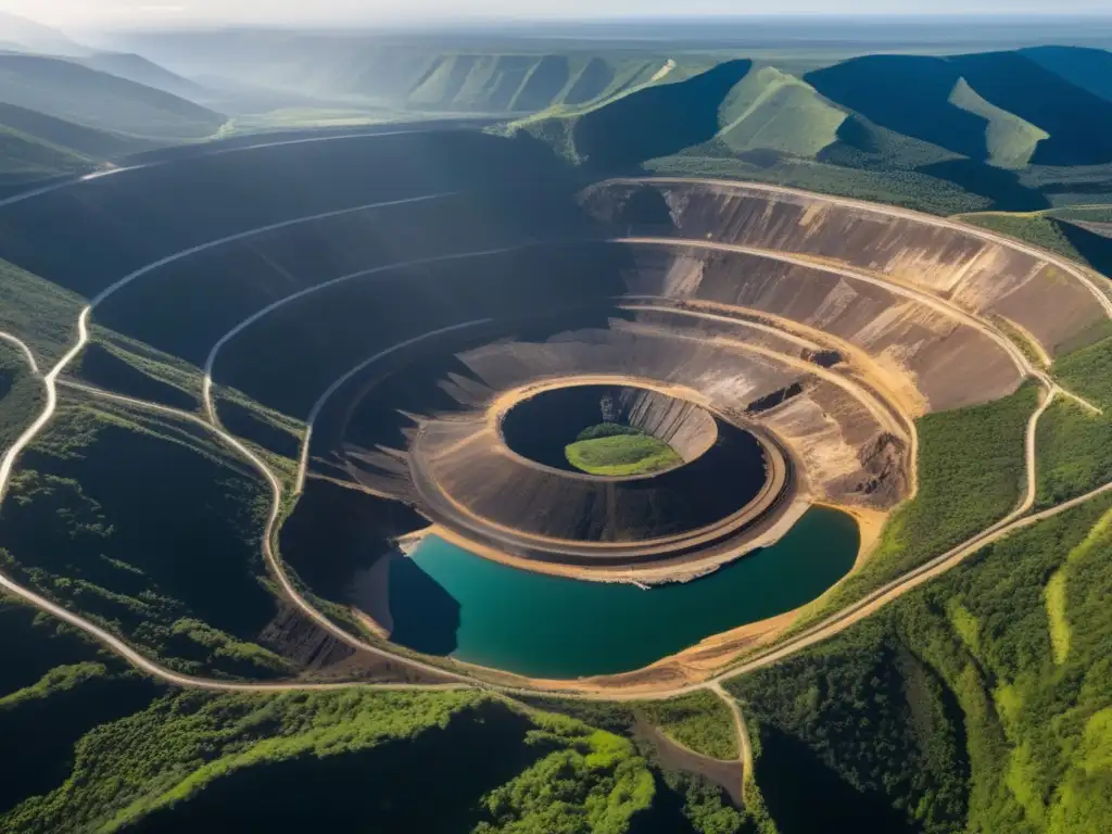 Impacto del cambio climático en la minería: vista aérea de una mina a cielo abierto rodeada de exuberante vegetación, destacando la magnitud de la operación y la delicada relación entre extracción de recursos y preservación ambiental