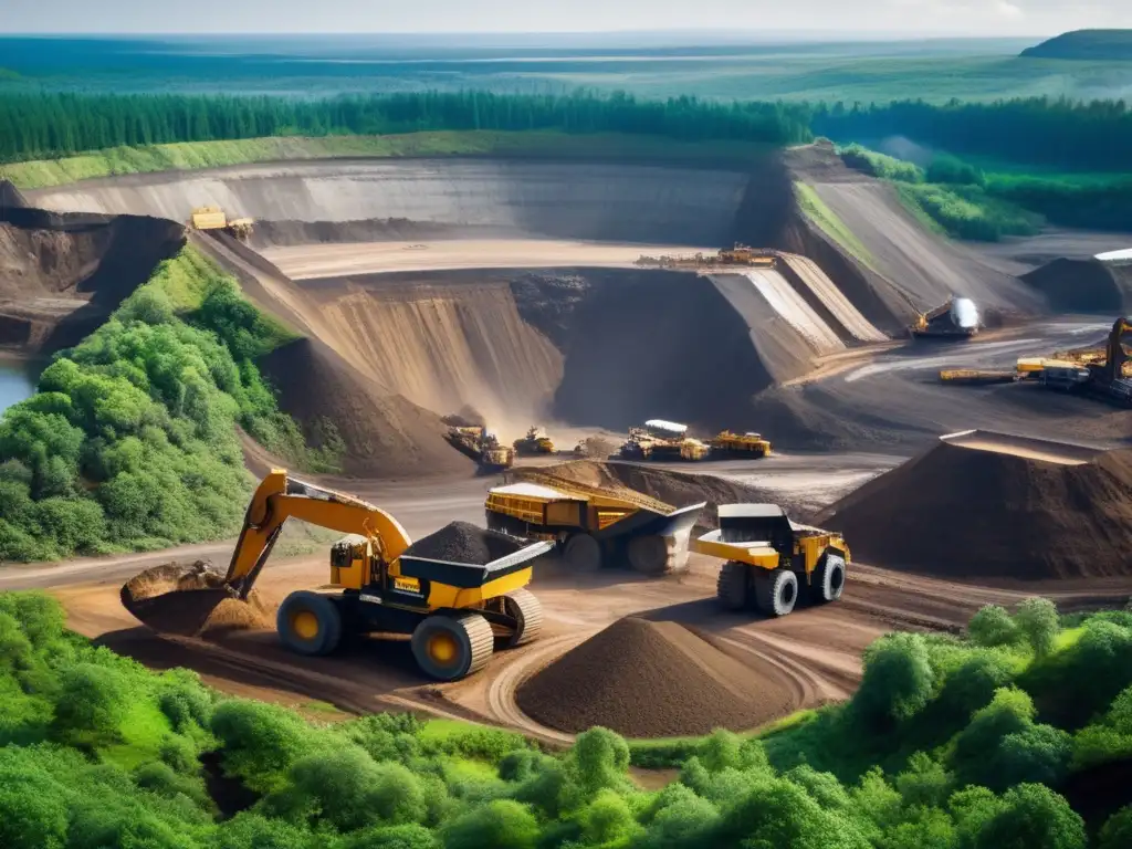 Impacto ambiental de la minería y legislación en imagen de mina rodeada de naturaleza y actividad extractiva