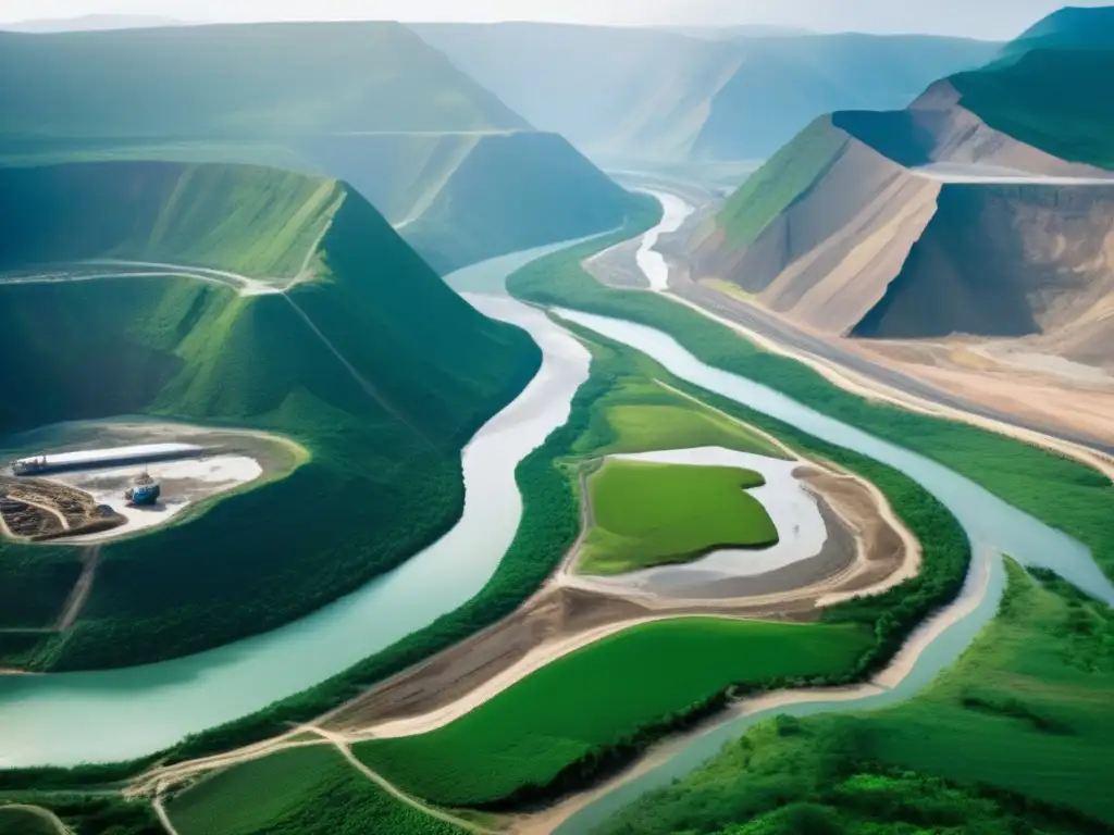 Beneficios legislación ambiental minera: paisaje minero con montañas, río, maquinaria y bosque, contrastando industria y naturaleza