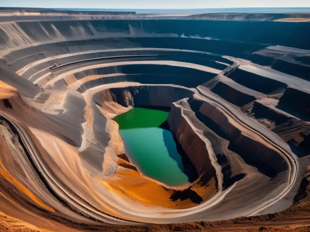 Impacto ambiental de la minería en paisaje de mina con maquinaria pesada y tierra excavada