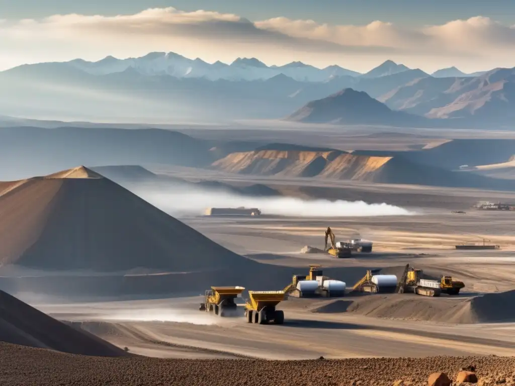 Minería sostenible en América: paisaje minero impresionante con maquinaria gigante, montañas envueltas en neblina y trabajadores en acción