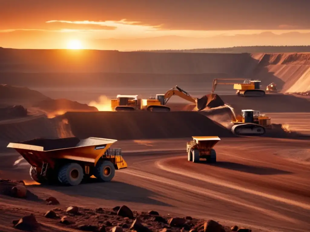 Paisaje minero al atardecer con maquinaria pesada y trabajadores, destacando la responsabilidad social y ambiental en la minería