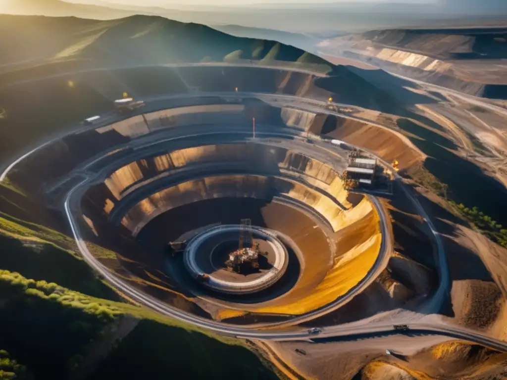 Vista aérea impresionante de mina a cielo abierto rodeada de montañas