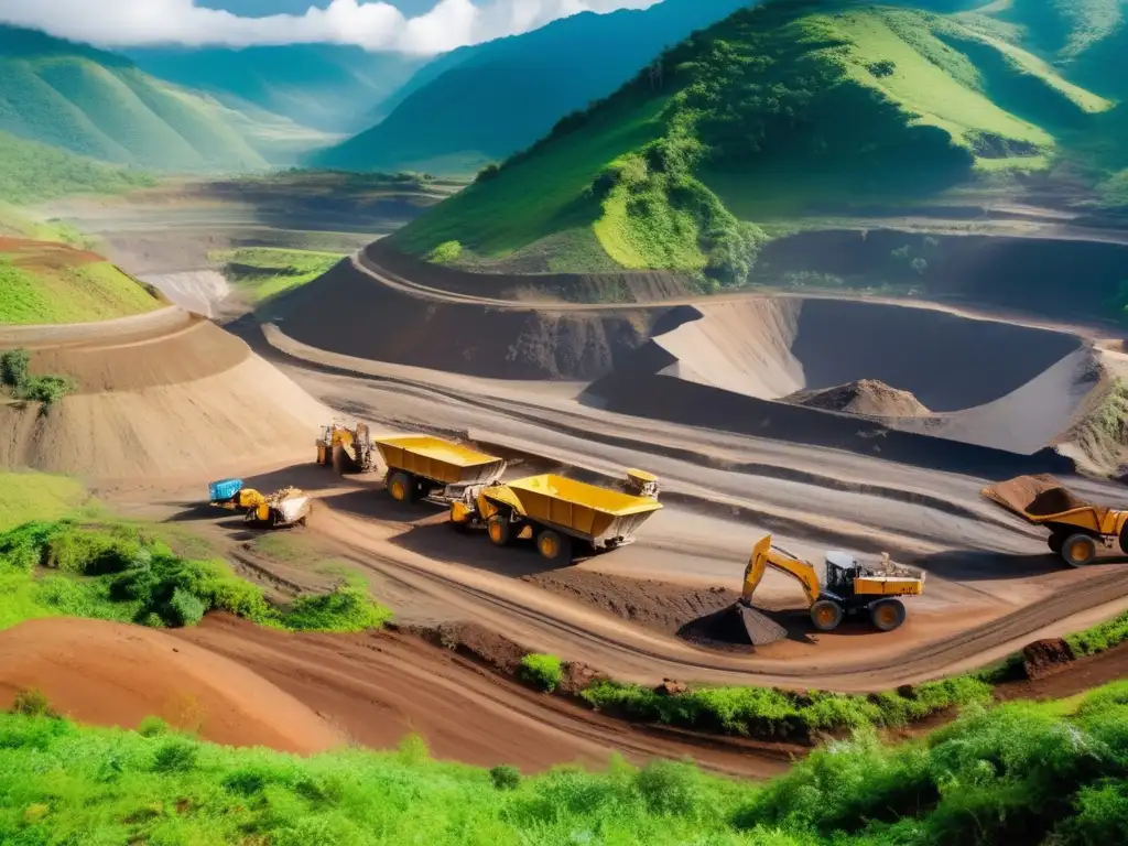 Promoción ética en minería sostenible: mineros trabajando responsablemente en un paisaje montañoso exuberante