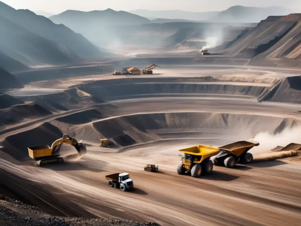 Impacto sostenible de la minería: mina a cielo abierto rodeada de montañas, maquinaria pesada y trabajadores analizando muestras