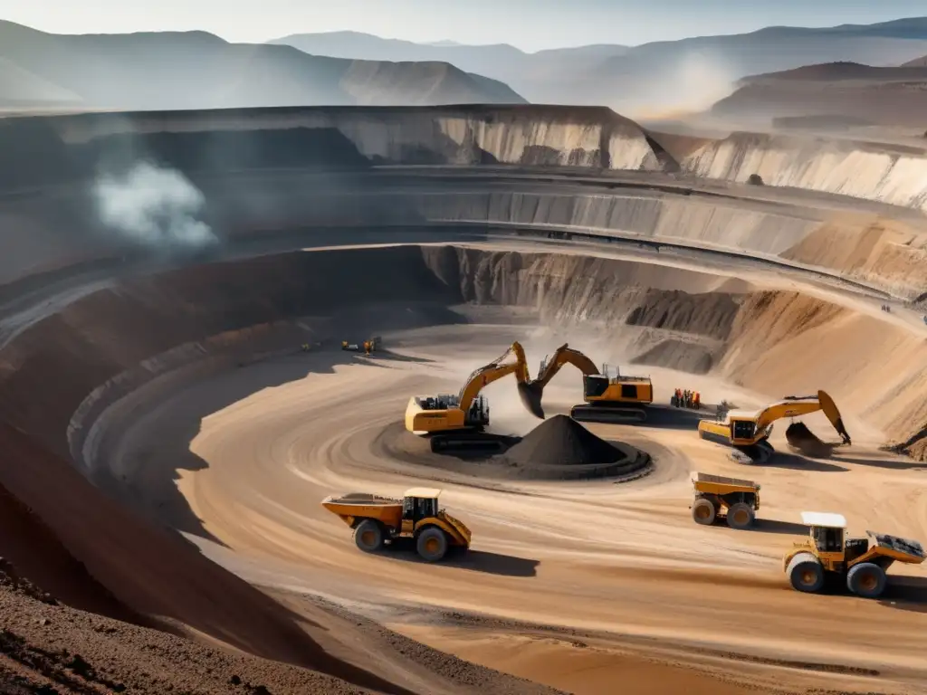 Minería a gran escala con trabajadores y maquinaria Beneficios del comercio justo en la minería: operación minera con trabajadores, maquinaria pesada, paisaje montañoso y impacto ambiental