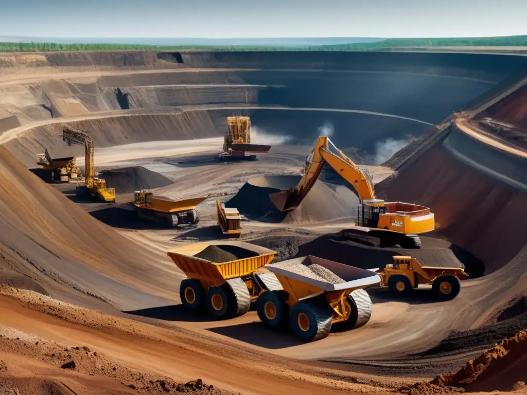 Técnicas sostenibles en la minería: Vista panorámica de una mina a cielo abierto con maquinaria minera y paisaje natural preservado