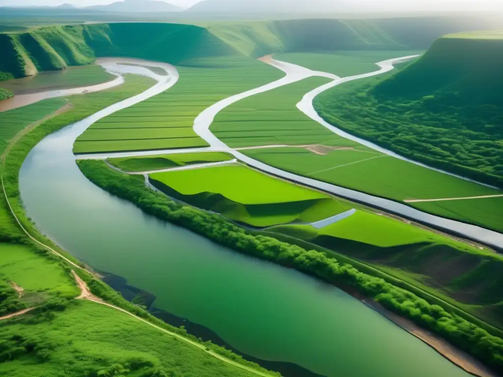 Paisaje verde con río, minería responsable: conservación recursos naturales