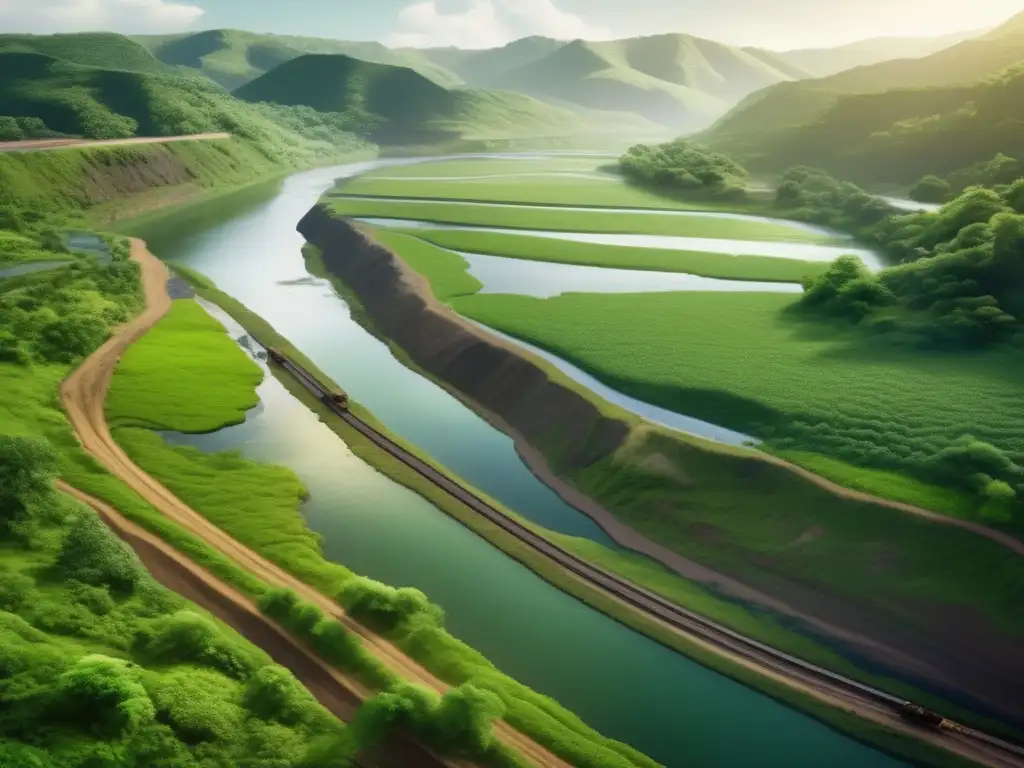 Paisaje exuberante y río sereno con minería sostenible y gestión de recursos