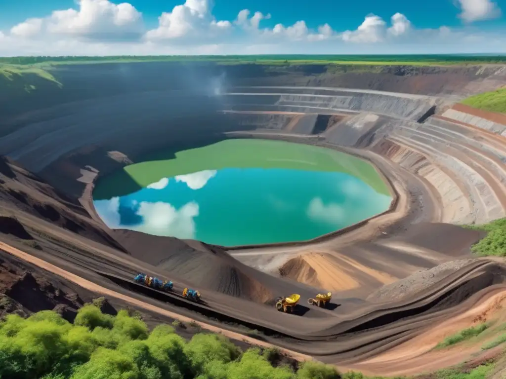 Promoción ética en minería sostenible: mineros responsables extractando minerales en una mina rodeada de naturaleza y energías renovables