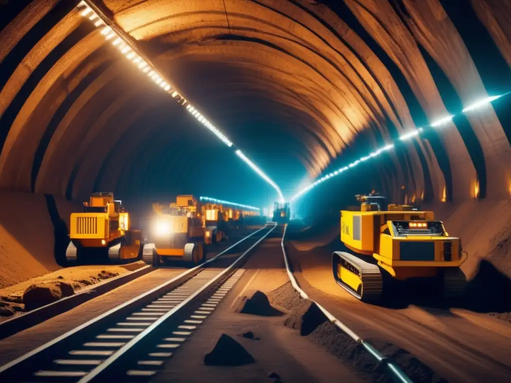 Beneficios de la robótica en la minería: imagen detallada de una operación minera subterránea con robots en acción