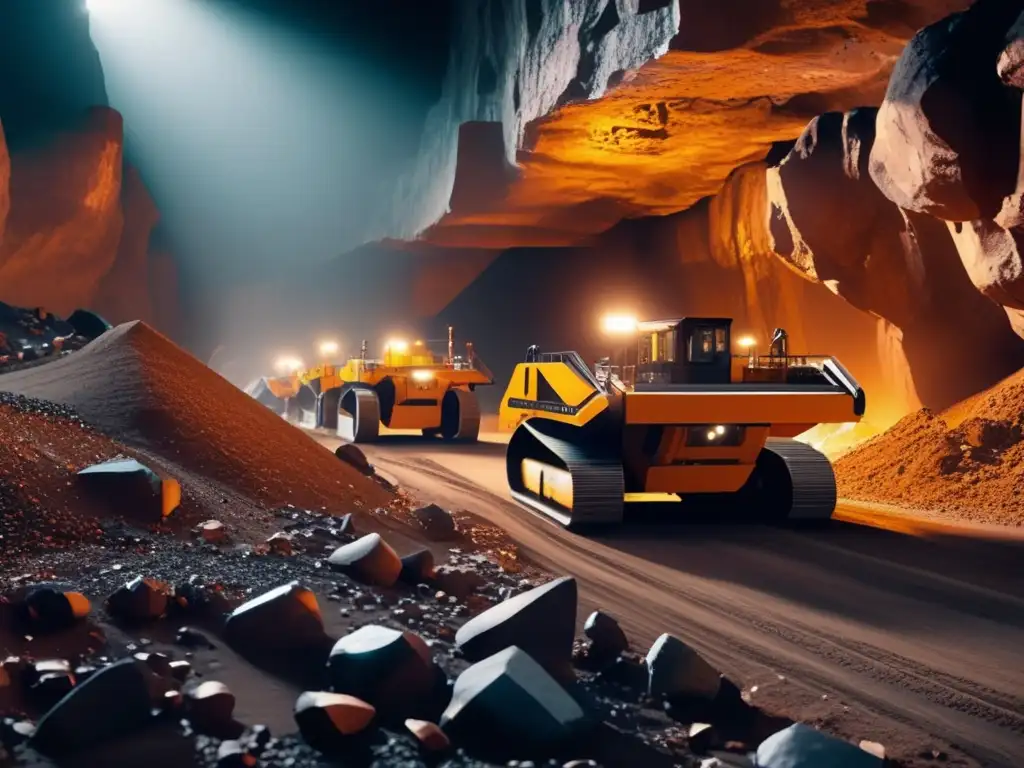 Minería subterránea con robots y tecnología avanzada Robótica en la exploración minera sostenible: Imagen 8k muestra operación minera subterránea con robots y maquinaria avanzada