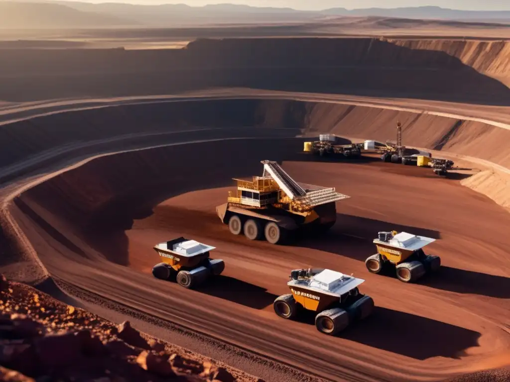 Beneficios de la robótica en minería sostenible: vista impresionante de mina a cielo abierto al atardecer con maquinaria y drones