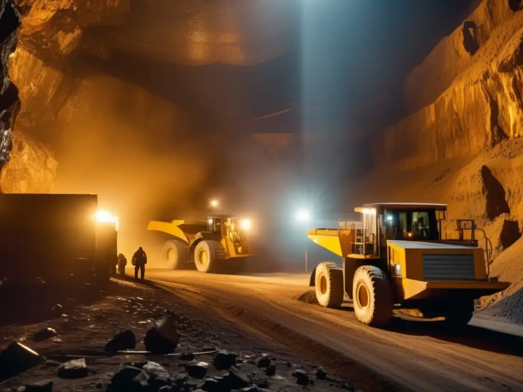 Impacto de la minería en la salud laboral: condiciones peligrosas en mina con trabajadores, maquinaria y túneles oscuros