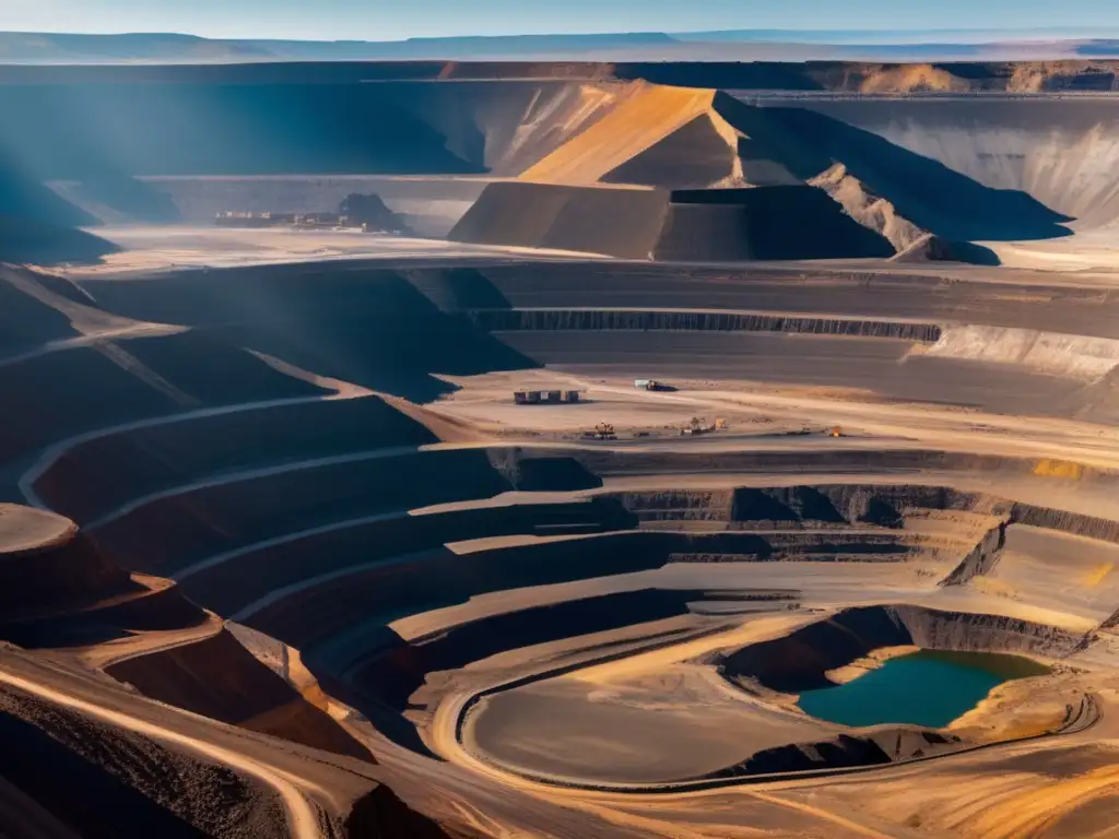 Impacto ambiental de la minería sostenible: Mina expansiva, camiones gigantes, activistas preocupados