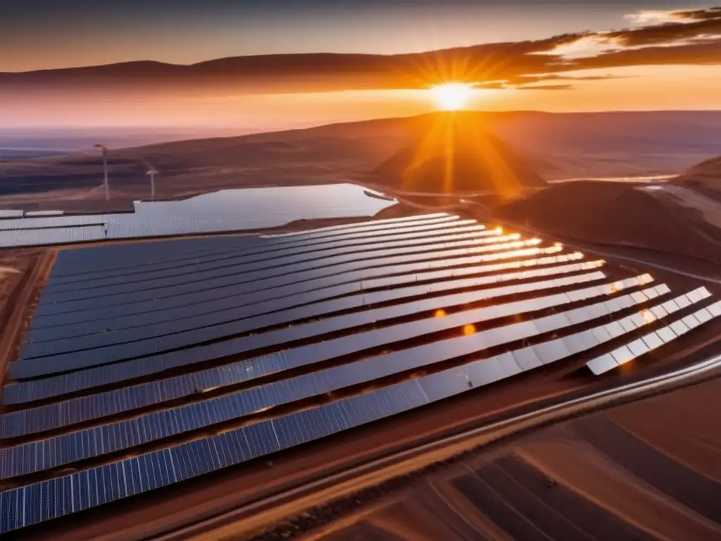 Técnicas sostenibles en minería: paisaje de mina al atardecer con planta solar, maquinaria avanzada y montañas en armonía