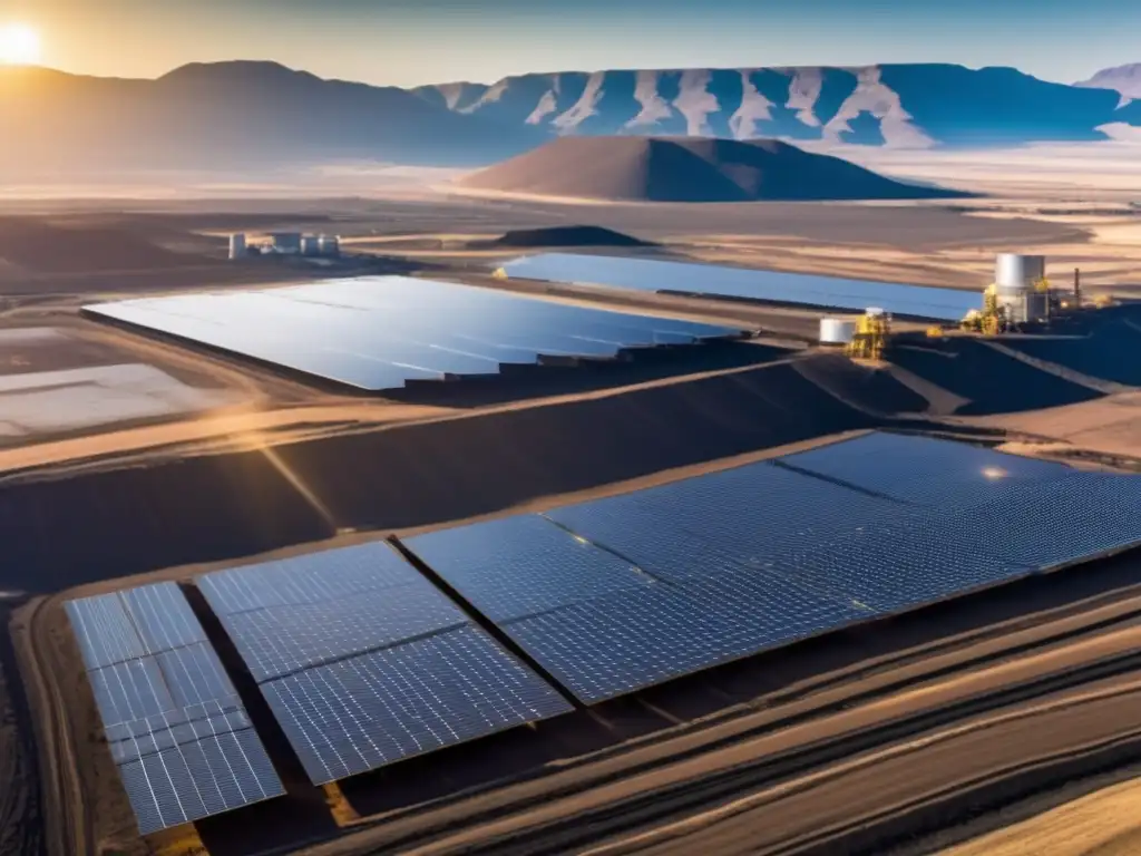 Innovaciones sostenibles en minería: paisaje minero con planta solar y vehículos eléctricos, muestra compromiso ambiental